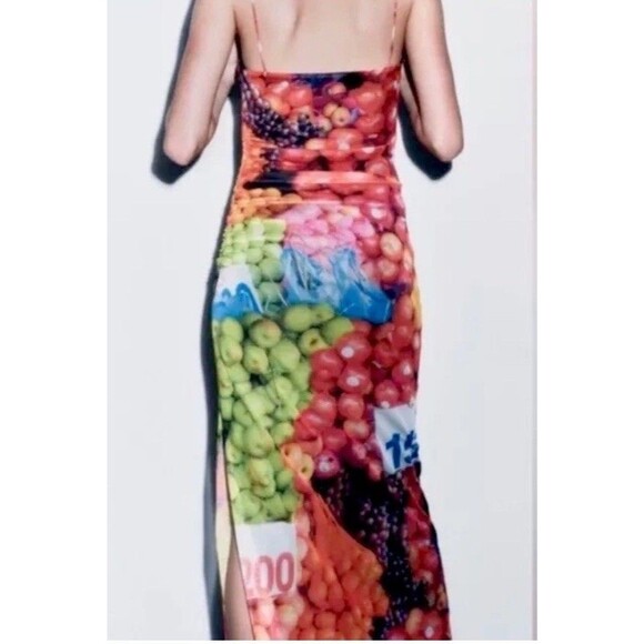 ZARA Fruit Print Mesh Maxi Dress Rare Blogger Limited Festival Colorful Med NWT - Picture 3 of 6